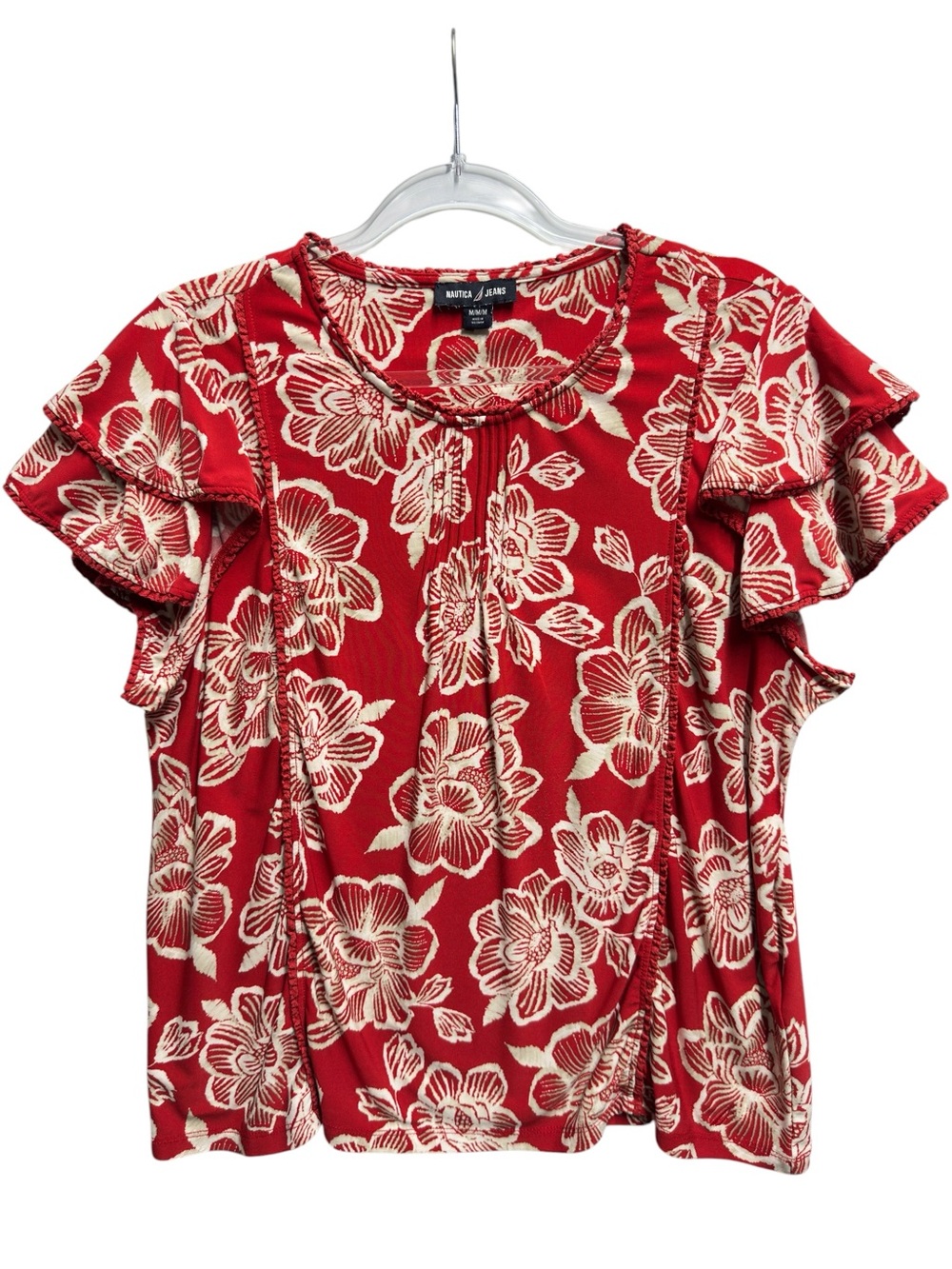 Silky Ponte Knit Floral Flutter Pintuck Top Blouse